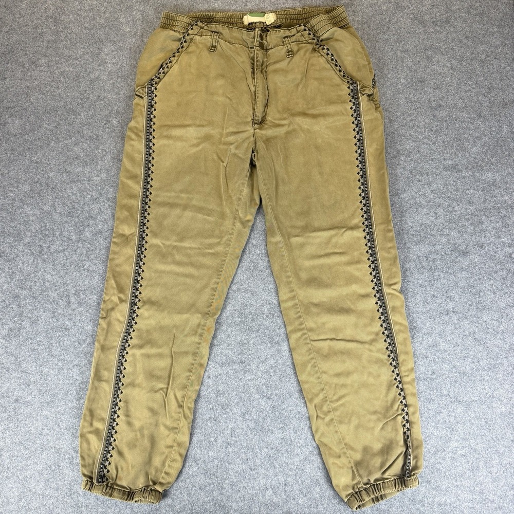 Anthropologie Jogger Pants Green Embroidered Boho Stretch Womens Size M
